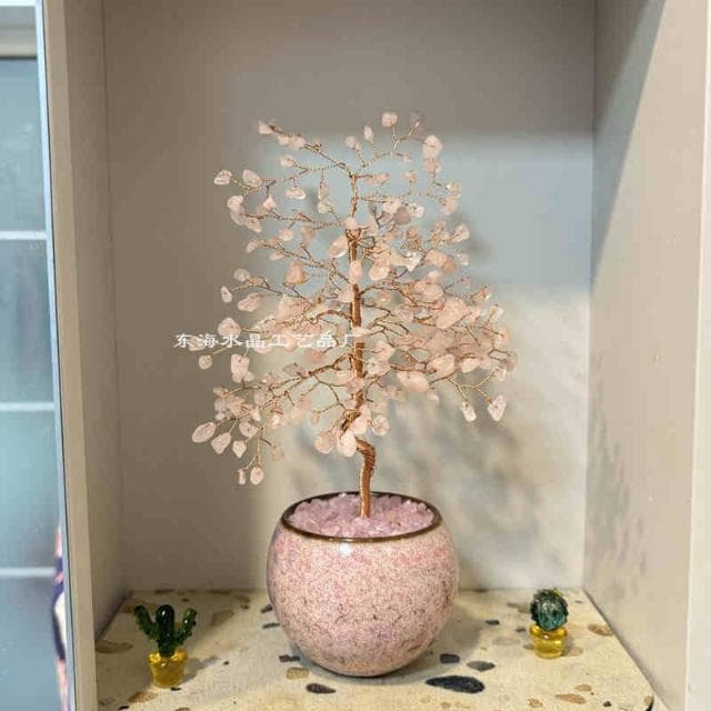 招財樹 天然粉水晶貓眼石黃色招財樹 桃花擺件 許願家居客廳玄關裝飾品禮物