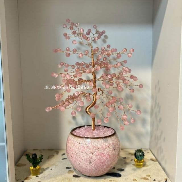 招財樹 天然粉水晶貓眼石黃色招財樹 桃花擺件 許願家居客廳玄關裝飾品禮物