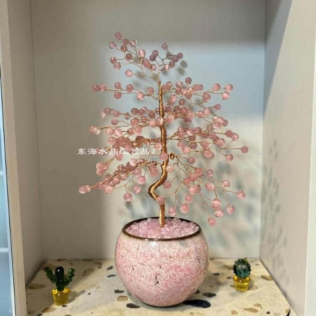 招財樹 天然粉水晶貓眼石黃色招財樹 桃花擺件 許願家居客廳玄關裝飾品禮物