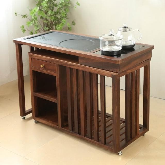 110V 茶車胡桃木可移動泡茶台旋轉小茶桌家用實木茶水台櫃茶具一體陽台 茶台 茶車 茶桌 茶水櫃 辦公室 家用 陽台
