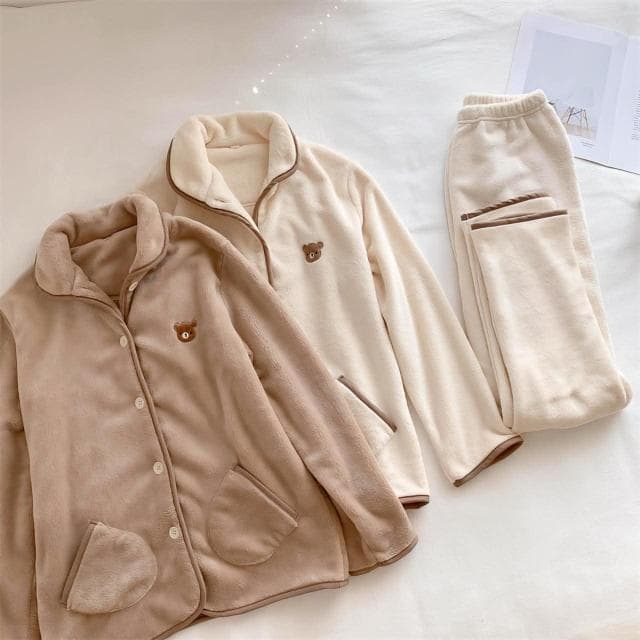 7PuPu🧸奶油系小熊法蘭绒情侶睡衣(冬季/居家服/冬天睡衣/情侶衣/男生睡衣/睡褲/聖誕禮物)