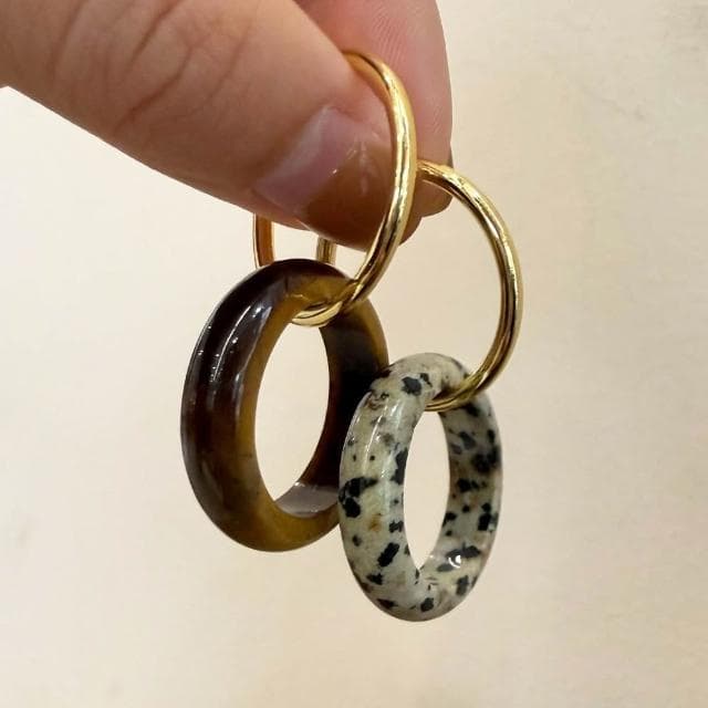 【EMMA SUE】戒指 復古 時髦 天然石斑點 串珠戒指 虎眼戒指 雙層交錯 黑曜石 男女同款 情侶戒指 玉戒指 交換禮物