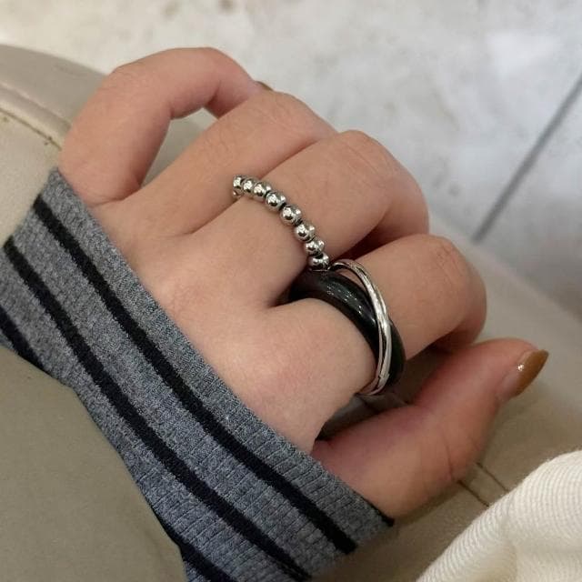 【LEEHER】玉戒指/交換禮物/戒指/復古/時髦/男女同款/情侶戒指/天然石斑點/串珠戒指/虎眼戒指/雙層交錯/黑曜石/
