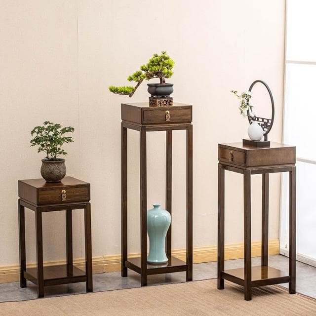雅歐達新中式落地花架置物架實木客廳帶抽款花台室內盆栽植物架子