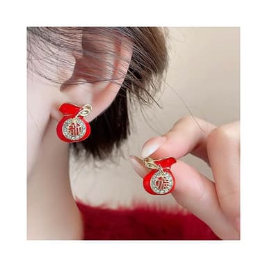 {遇見臻品}BG260本命年耳飾女銀針鑲鑽滴油福袋耳環新中式時尚耳環輕奢高級感氣質耳環新年紅色小福袋耳環福袋福字錢袋耳飾