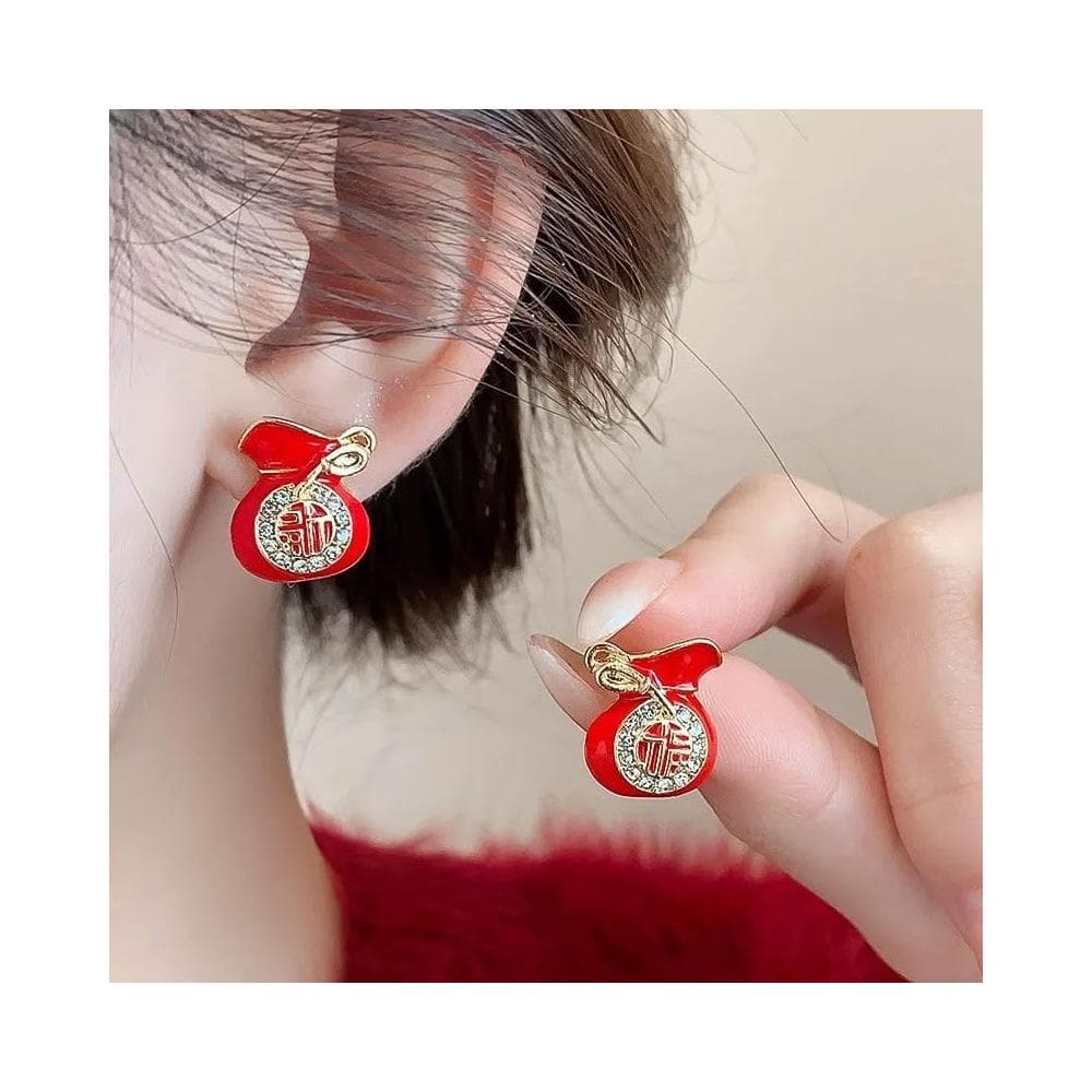 {遇見臻品}BG260本命年耳飾女銀針鑲鑽滴油福袋耳環新中式時尚耳環輕奢高級感氣質耳環新年紅色小福袋耳環福袋福字錢袋耳飾