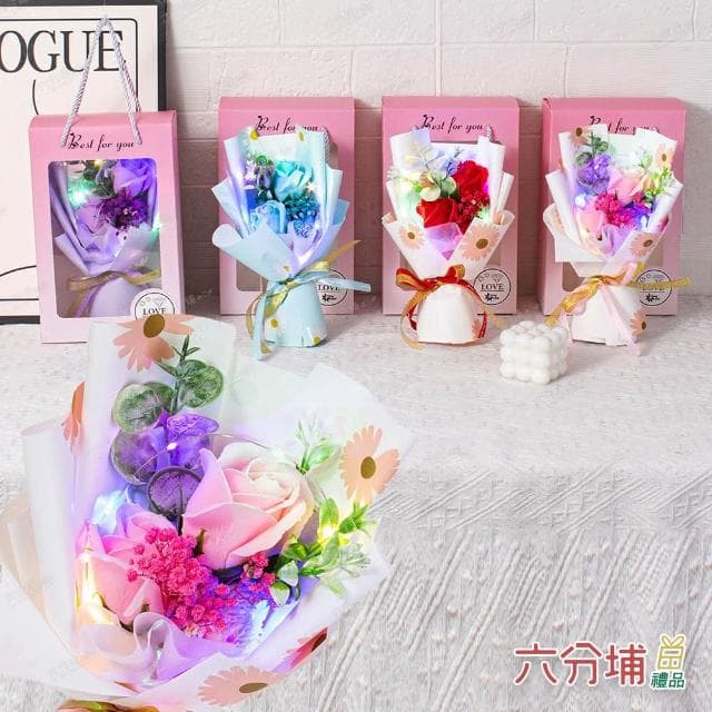 【六分埔禮品】LED香皂花玫瑰滿天星永生花禮盒-多款任選(Ins生日畢業禮物花束人造花母親節告白情人節求婚)