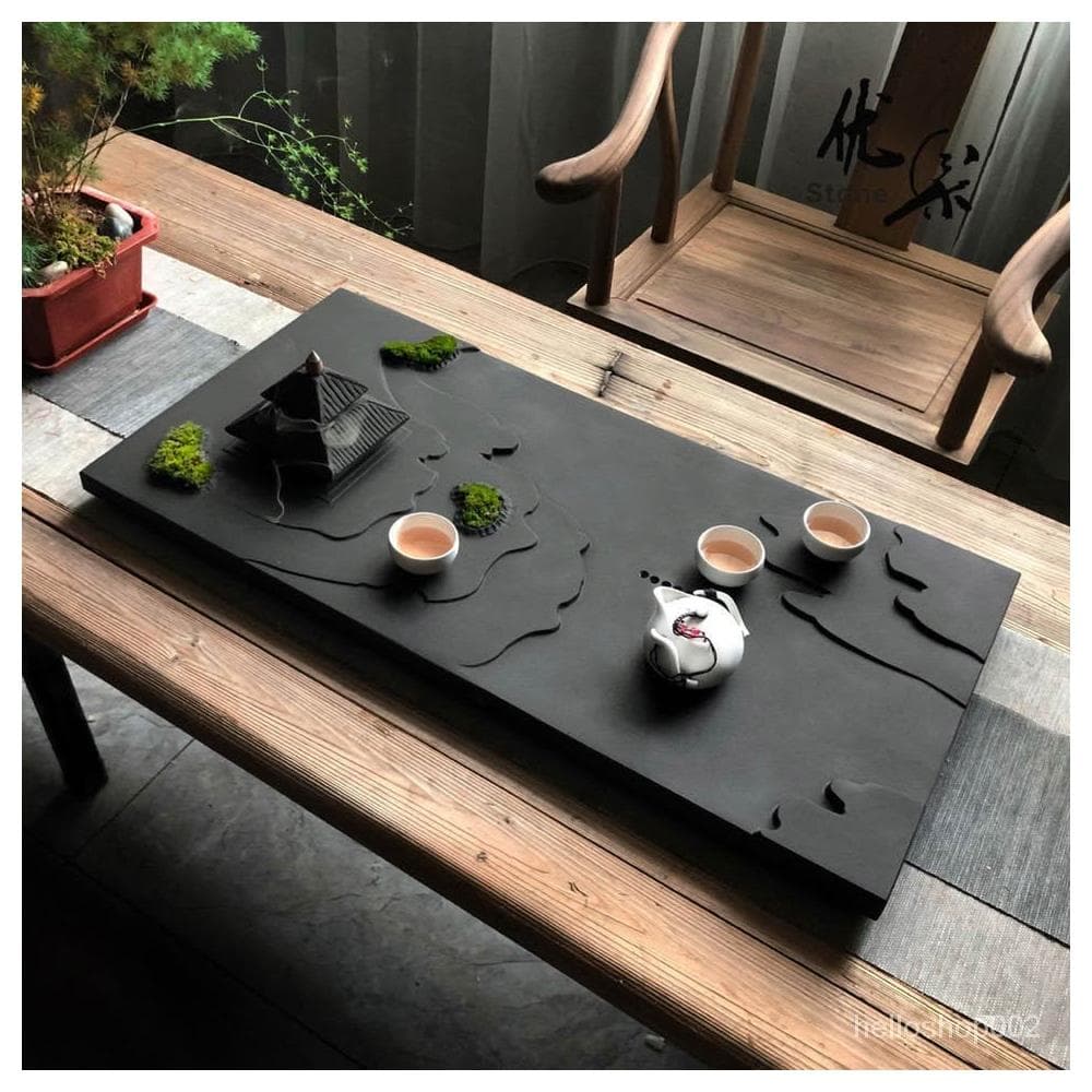 天然烏金石茶盤排水茶臺倒流香茶海中式幹泡臺黑曜石茶託功夫茶具