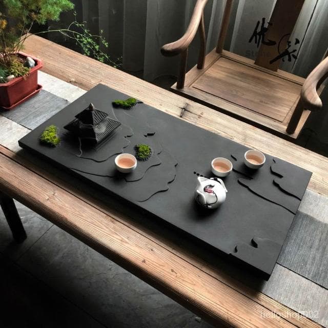 天然烏金石茶盤排水茶臺倒流香茶海中式幹泡臺黑曜石茶託功夫茶具