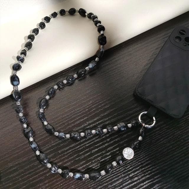 【LEESA】斜背掛繩\多用手機掛\生日禮物\手機掛繩\黑色吊飾\仿松石串珠\吊飾\掛飾\手機吊飾\手機腕繩\串珠吊飾\手機鍊\