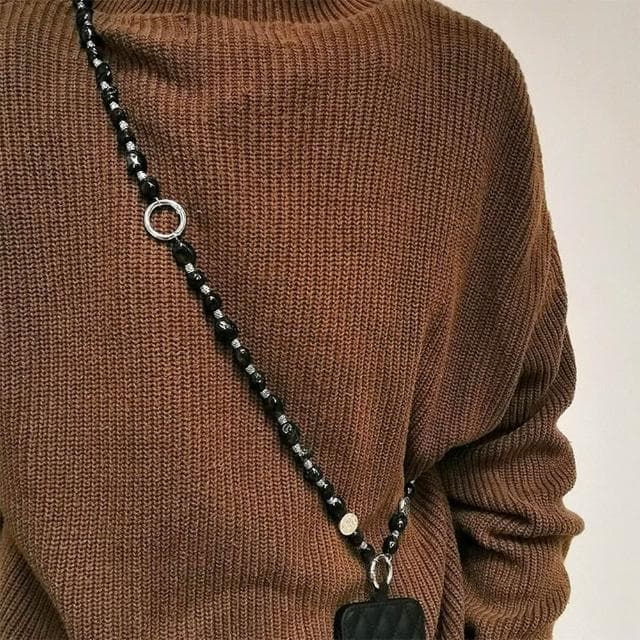 【LEESA】斜背掛繩\多用手機掛\生日禮物\手機掛繩\黑色吊飾\仿松石串珠\吊飾\掛飾\手機吊飾\手機腕繩\串珠吊飾\手機鍊\