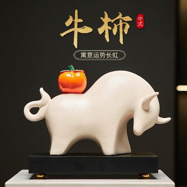 新中式藝術牛柿桌面擺件辦公室電視櫃酒櫃裝飾樹脂工藝品喬遷禮物
