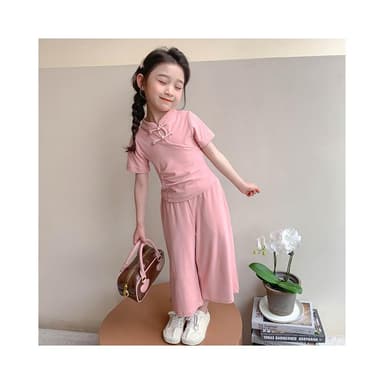 【Arbea】新中式女童套裝夏季新款盤扣休閒寶寶夏季衣服兒童夏季時尚兩件式 C1072