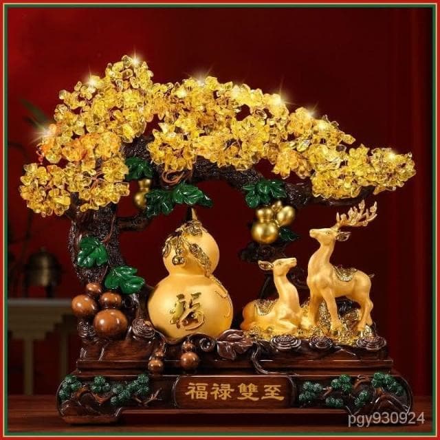 💕💕 免費刻字 福鹿搖錢樹擺件 福鹿招財擺飾 招財鹿 金蟾招財 黃水晶發財樹 玄關擺飾 喬遷 入厝禮物 開幕 開店送禮