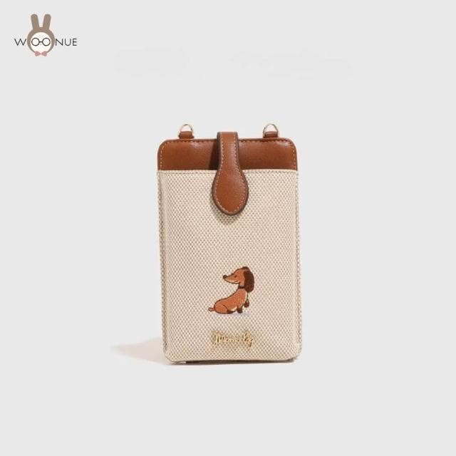 【WOONUE】日系可愛臘腸狗刺繡手機包零錢包側肩包旅行背包(閨蜜老婆女友媽媽生日聖誕交換禮物)