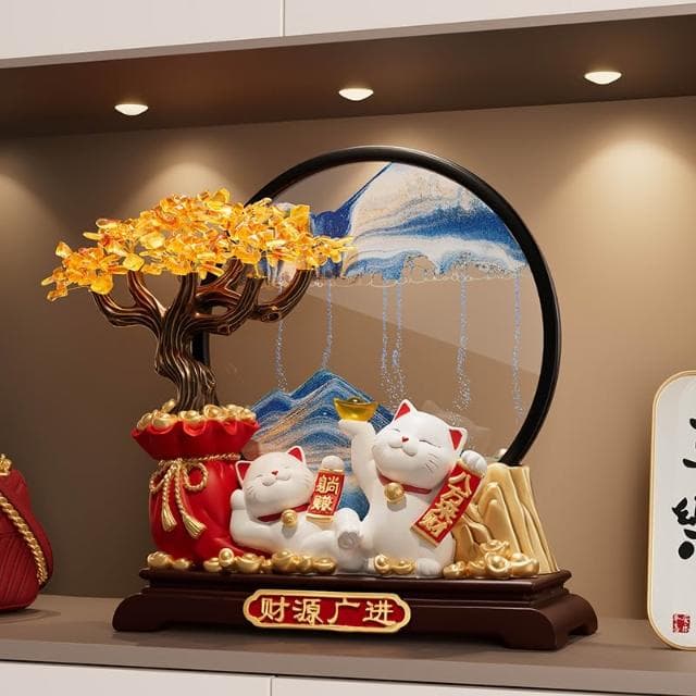 發財樹招財貓擺件流沙畫客廳酒櫃辦公室前臺裝飾喬遷開業大吉禮物