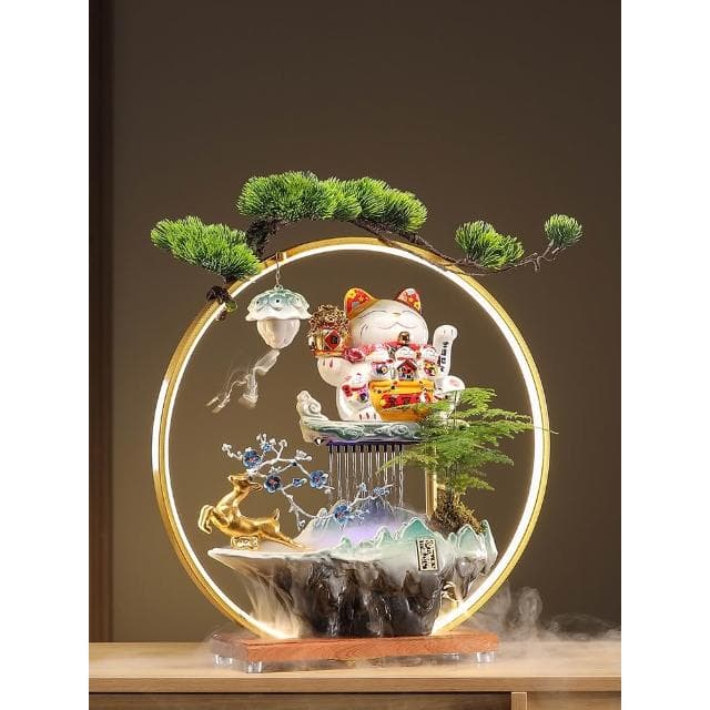 一鹿发财招财猫摆件开业礼物自动招手流水摆件循环水入户前台公司