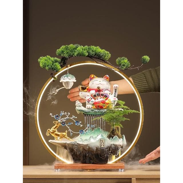 一鹿发财招财猫摆件开业礼物自动招手流水摆件循环水入户前台公司