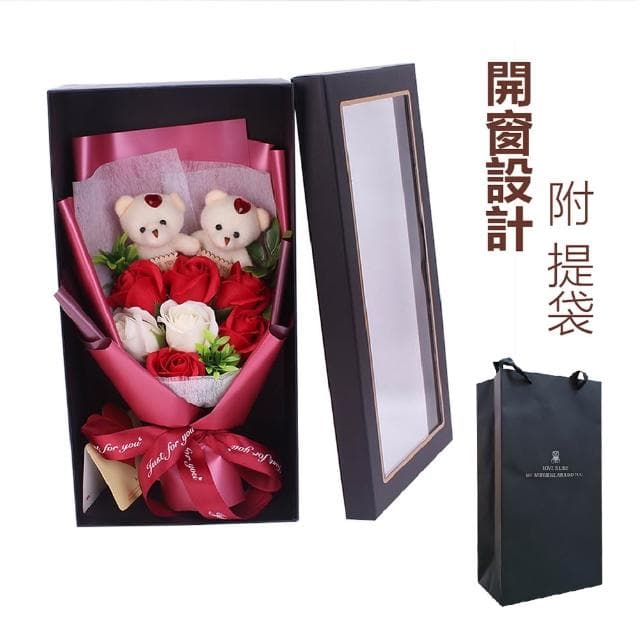 【VENCEDOR】小熊造型7朵香皂花束玫瑰花束 情人節禮物 畢業禮品 生日送禮 花束禮盒組-2入