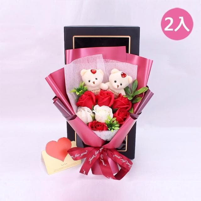 【VENCEDOR】小熊造型7朵香皂花束玫瑰花束 情人節禮物 畢業禮品 生日送禮 花束禮盒組-2入