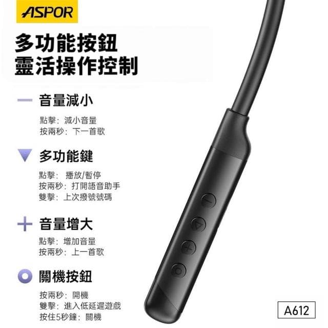 ASPOR  A612 頸掛式智能無線耳機 藍牙耳機 無線耳機 頸掛式耳機 耳機 智能耳機 防水耳機