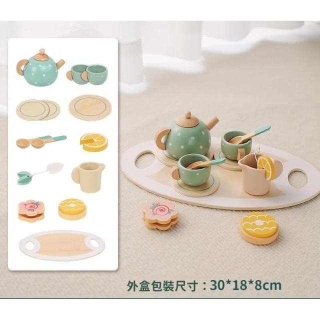 兒童下午茶套餐(木質玩具 茶壺 茶具 套裝 超高質感 下午茶 甜品 蛋糕 家家酒玩具 木製家家酒 早教仿真 兒童禮物)