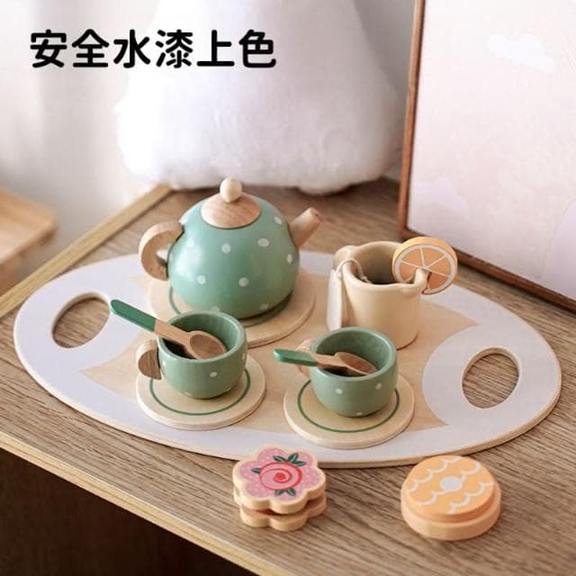 兒童下午茶套餐(木質玩具 茶壺 茶具 套裝 超高質感 下午茶 甜品 蛋糕 家家酒玩具 木製家家酒 早教仿真 兒童禮物)