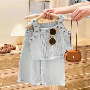 【Arbea】夏季新款女童背心套裝兒童刺繡花朵上衣吊帶牛仔褲兩件套 C890