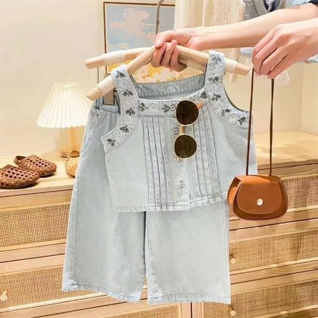 【Arbea】夏季新款女童背心套裝兒童刺繡花朵上衣吊帶牛仔褲兩件套 C890