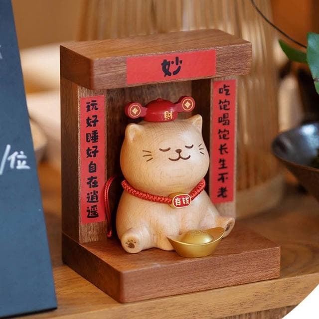 貓財神實木質創意玄關桌面擺件喬遷開業收銀前臺高檔聚財禮品禮物