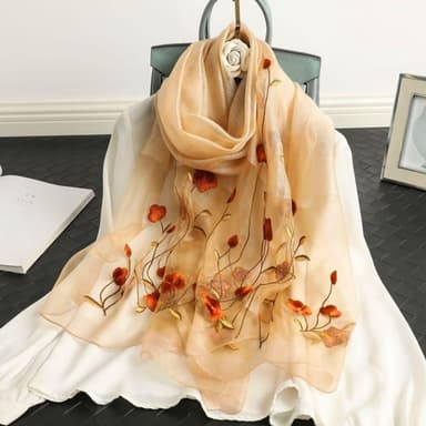 【巴黎精品】真絲絲巾羊毛圍巾-金邊山茶花刺繡桑蠶絲女配件3色a1gt8