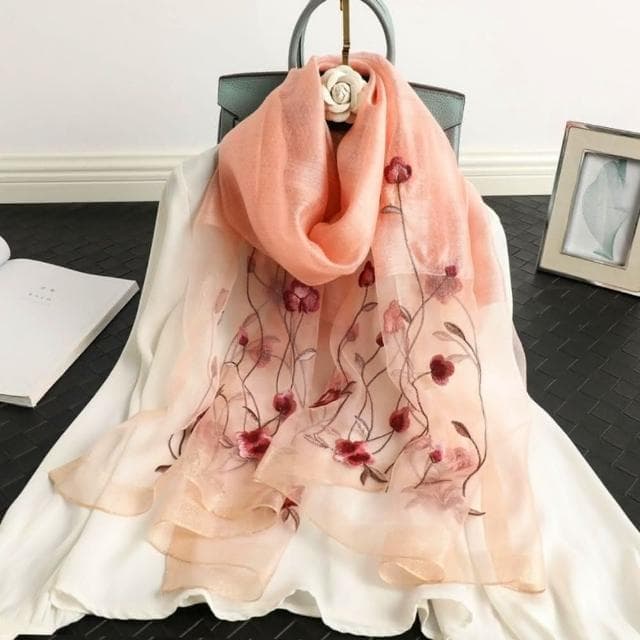 【巴黎精品】真絲絲巾羊毛圍巾-金邊山茶花刺繡桑蠶絲女配件3色a1gt8