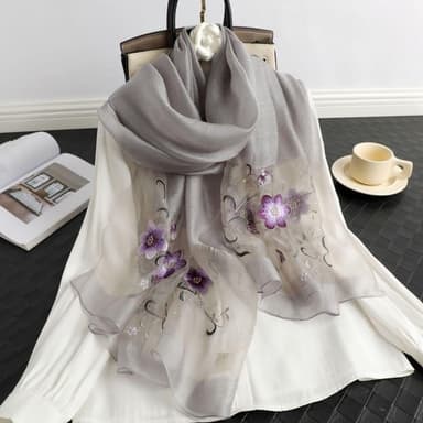 【巴黎精品】真絲絲巾羊毛圍巾-桑蠶絲薄紗刺繡花卉女配件9色a1gt11