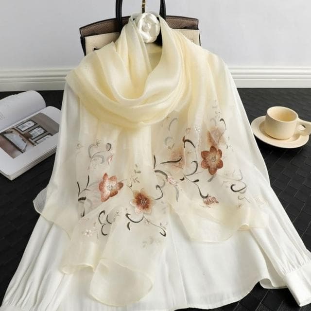 【巴黎精品】真絲絲巾羊毛圍巾-桑蠶絲薄紗刺繡花卉女配件9色a1gt11