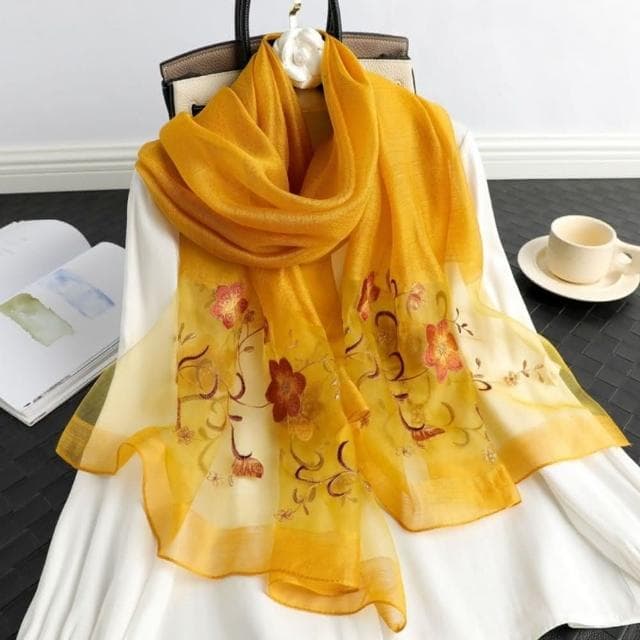【巴黎精品】真絲絲巾羊毛圍巾-桑蠶絲薄紗刺繡花卉女配件9色a1gt11