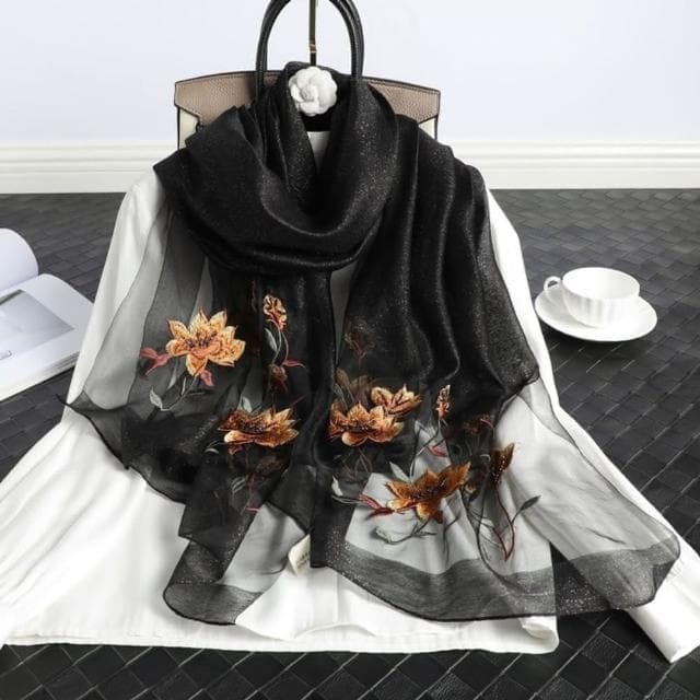 【巴黎精品】真絲絲巾羊毛圍巾-桑蠶絲牡丹刺繡紗巾女配件9色a1gt13