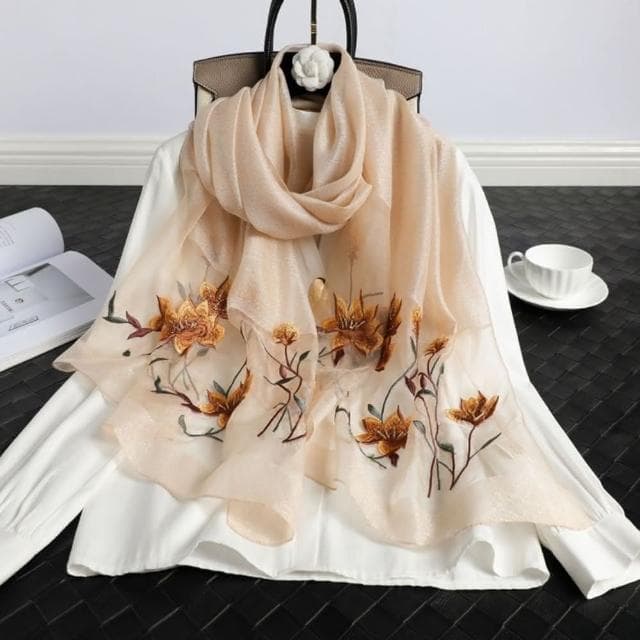 【巴黎精品】真絲絲巾羊毛圍巾-桑蠶絲牡丹刺繡紗巾女配件9色a1gt13