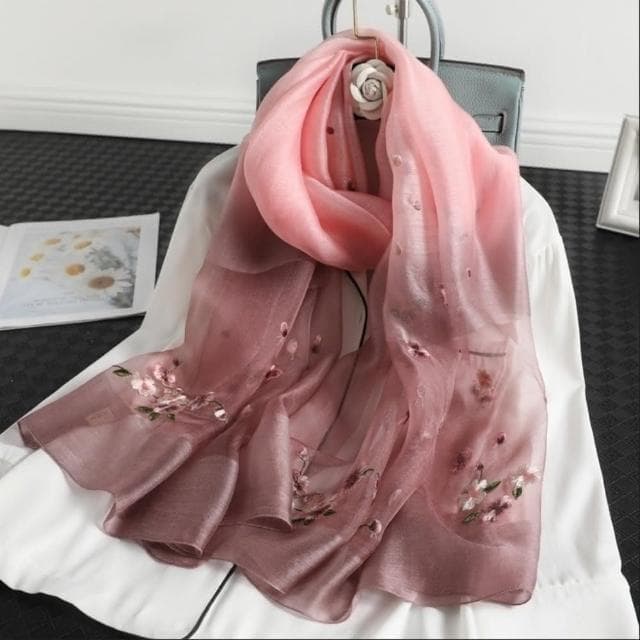 【巴黎精品】真絲絲巾羊毛圍巾-漸層變色繡花桑蠶絲女配件8色a1gt22