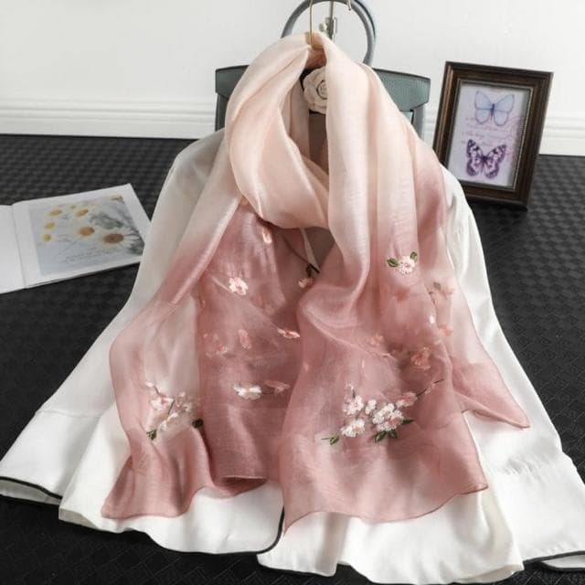 【巴黎精品】真絲絲巾羊毛圍巾-漸層變色繡花桑蠶絲女配件8色a1gt22
