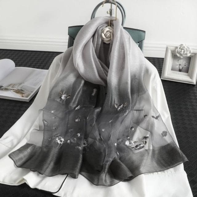 【巴黎精品】真絲絲巾羊毛圍巾-漸層變色繡花桑蠶絲女配件8色a1gt22