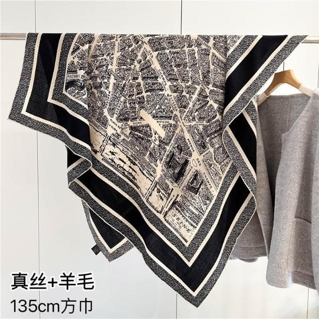 真絲羊毛圍巾女秋冬季巴黎地圖輕奢絲毛大方巾保暖百搭大披肩