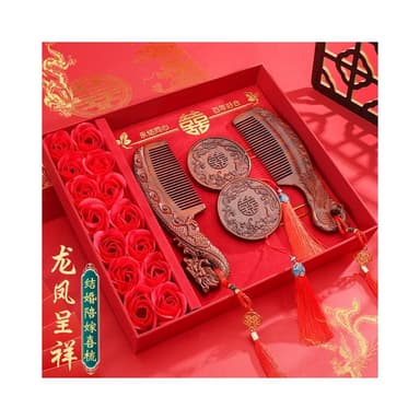 紫檀木梳子鏡子一對結婚陪出嫁妝送新娘閨蜜伴手禮物38節禮盒套裝