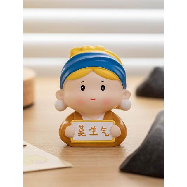 莫生氣可愛治癒系戴珍珠耳環少女辦公室桌面裝飾擺件女生生日禮物