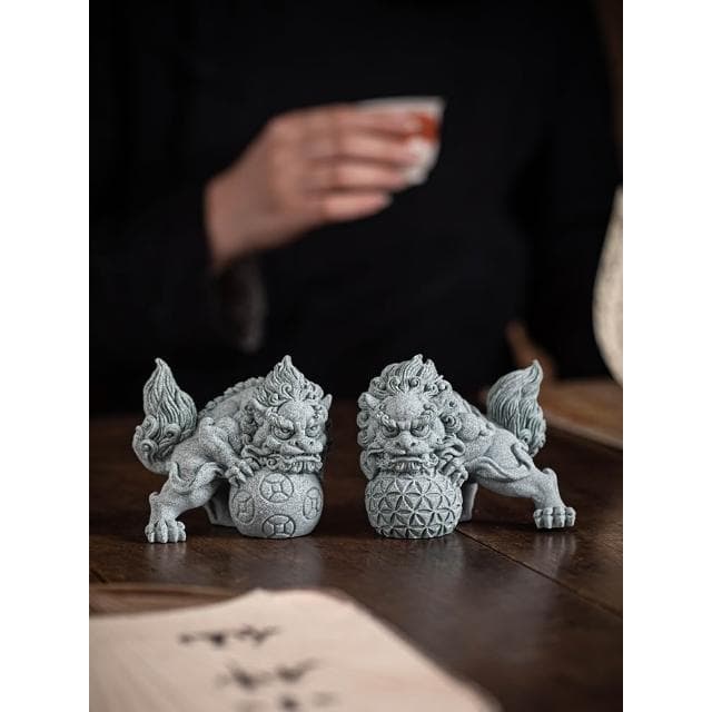 新中式雙獅戲球茶寵擺件創意狴犴招財瑞獸開業喬遷送禮物桌面裝飾