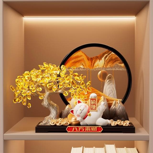 招財貓發財樹流沙畫擺件辦公室客廳招財電視櫃酒櫃裝飾品開業禮物