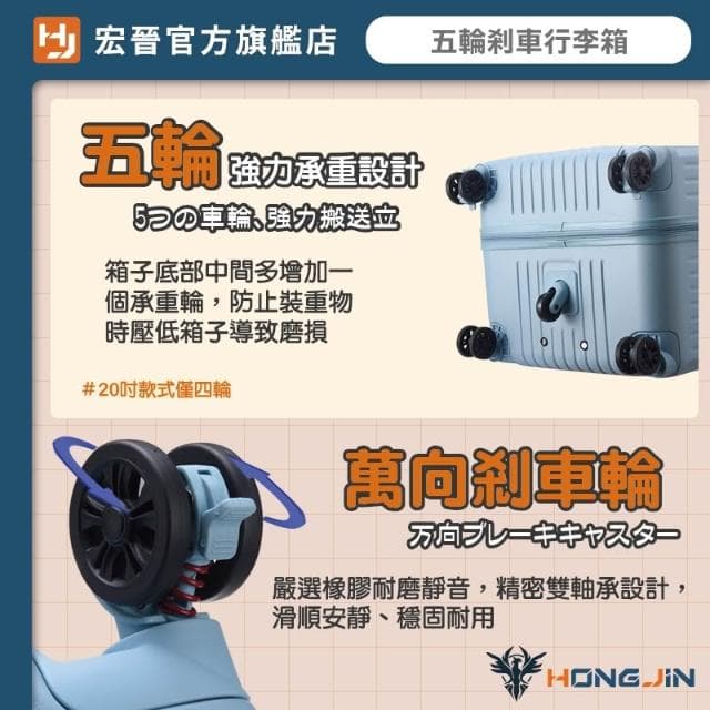 【HONG JIN】五輪剎車行李箱 胖胖箱 行李箱 旅行箱 拉桿箱 大容量旅行箱 5輪 胖胖行李箱 出國必備