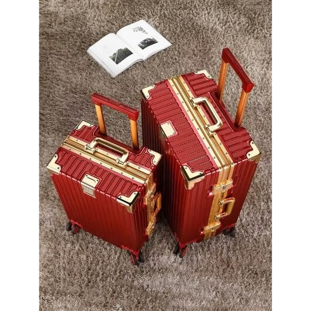 紅色結婚行李箱新娘陪嫁箱婚慶密碼箱女酒紅壓箱金色鋁框拉杆皮箱