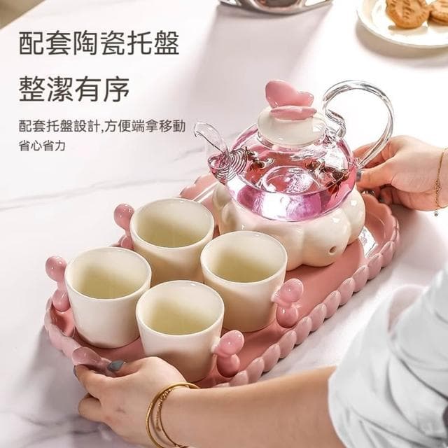 MuShang 慕尚 高顏值陶瓷花茶壺 蠟燭加熱泡茶壺 下午茶茶具套裝 喬遷新居結婚禮物