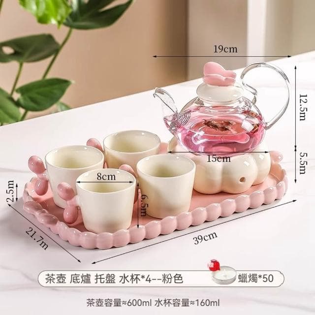 MuShang 慕尚 高顏值陶瓷花茶壺 蠟燭加熱泡茶壺 下午茶茶具套裝 喬遷新居結婚禮物