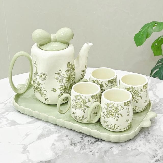 MuShang 慕尚 奶油風陶瓷水杯套裝 下午茶茶具 家用客廳待茶具 客復古花朵水壺茶杯茶具 喬遷新居送人禮物
